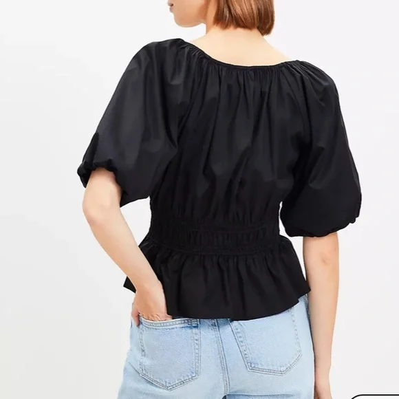 NWT LOFT Women's Romantic Black Peasant Smocked Waist Peplum Blouse Size Small - Picture 3 of 6